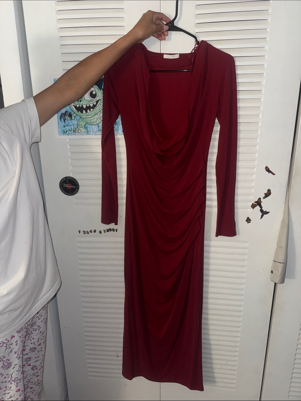 Zara Deep Red Draped Long-Sleeve Midi Dress